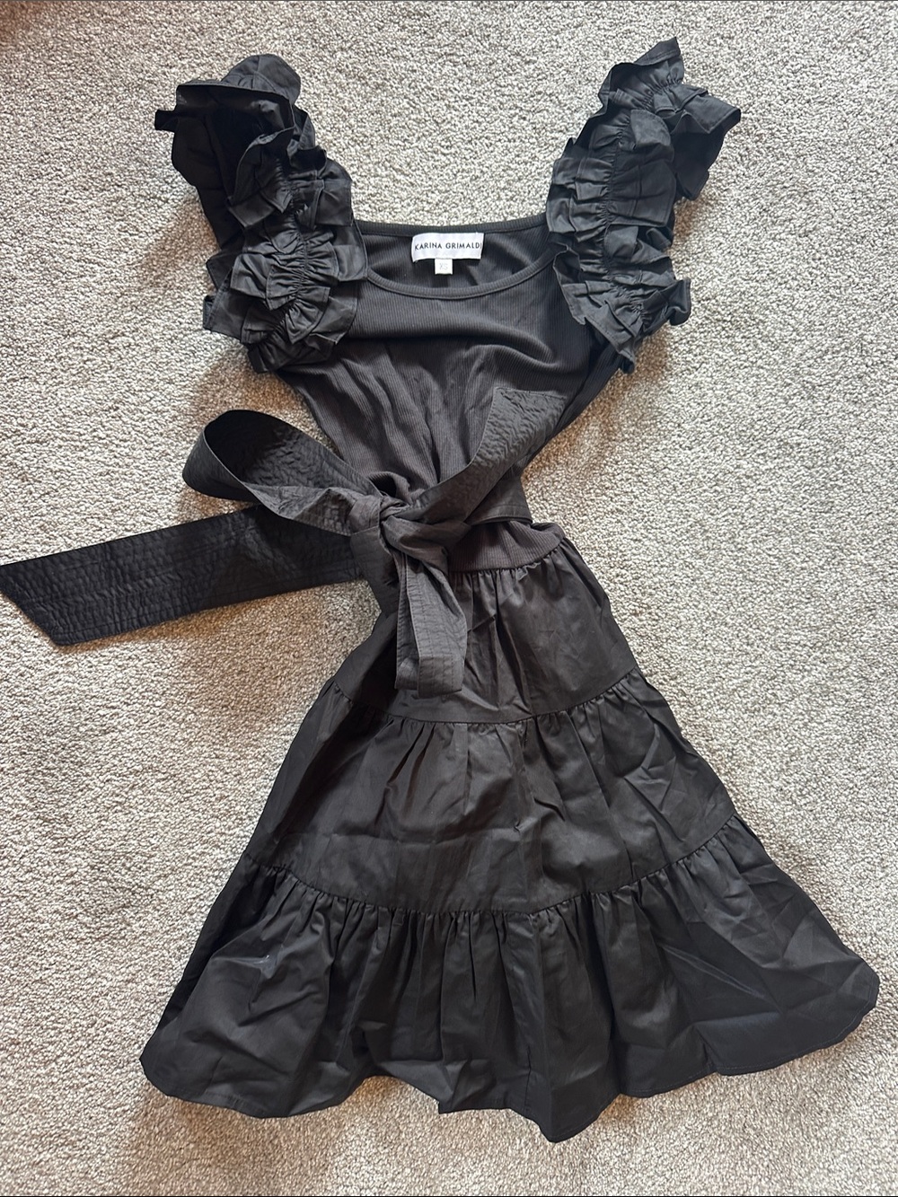 Karina Grimaldi Black Ruffle-Tiered Tie-Waist Dress